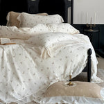 Bedding Set Breathable Cotton Muslin Bow Print Ruffle Trim