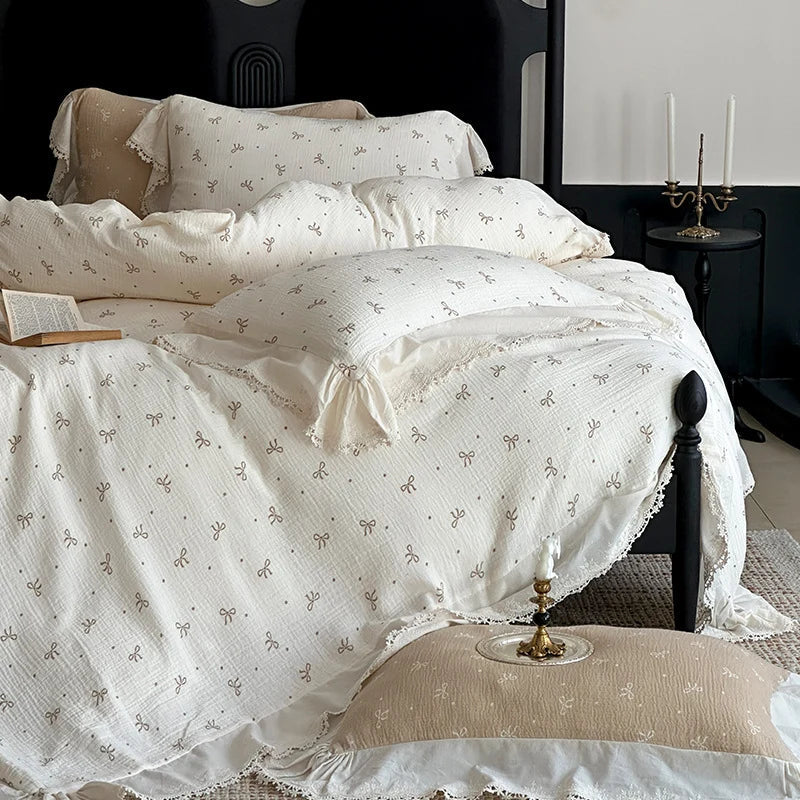 Bedding Set Breathable Cotton Muslin Bow Print Ruffle Trim