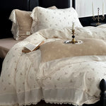 Bedding Set Breathable Cotton Muslin Bow Print Ruffle Trim