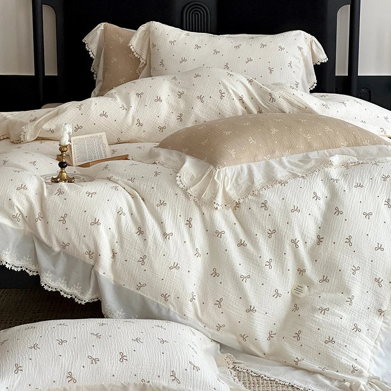 Bedding Set Breathable Cotton Muslin Bow Print Ruffle Trim