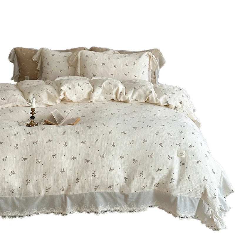 Bedding Set Breathable Cotton Muslin Bow Print Ruffle Trim