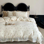 Bedding Set Breathable Cotton Muslin Bow Print Ruffle Trim