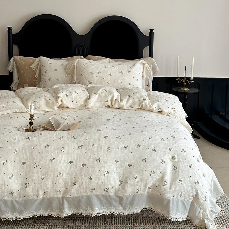 Bedding Set Breathable Cotton Muslin Bow Print Ruffle Trim