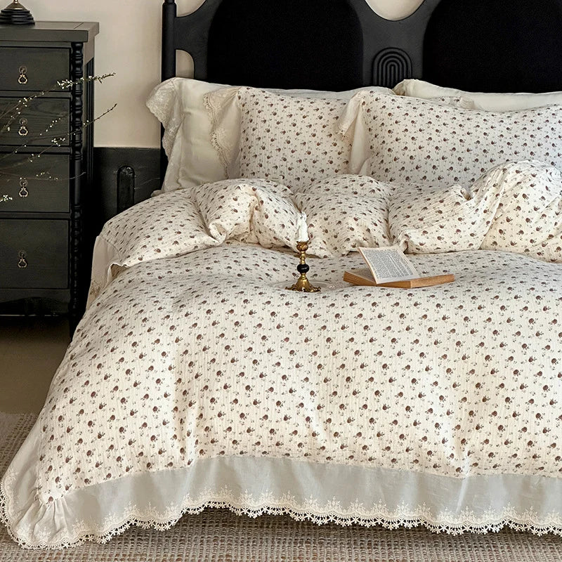 Bedding Set Breathable Cotton Muslin Bow Print Ruffle Trim
