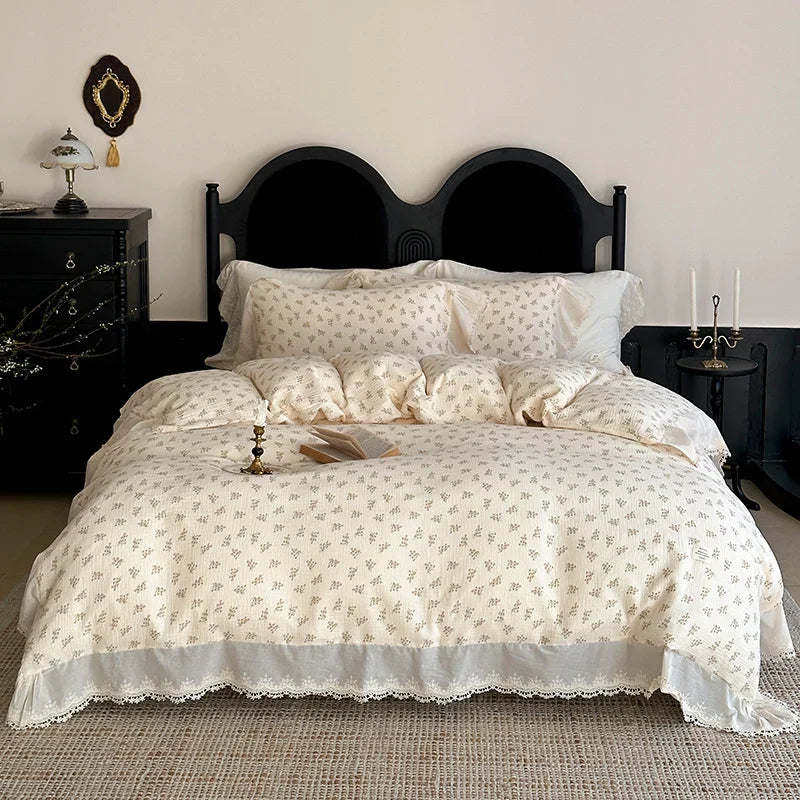 Bedding Set Breathable Cotton Muslin Bow Print Ruffle Trim