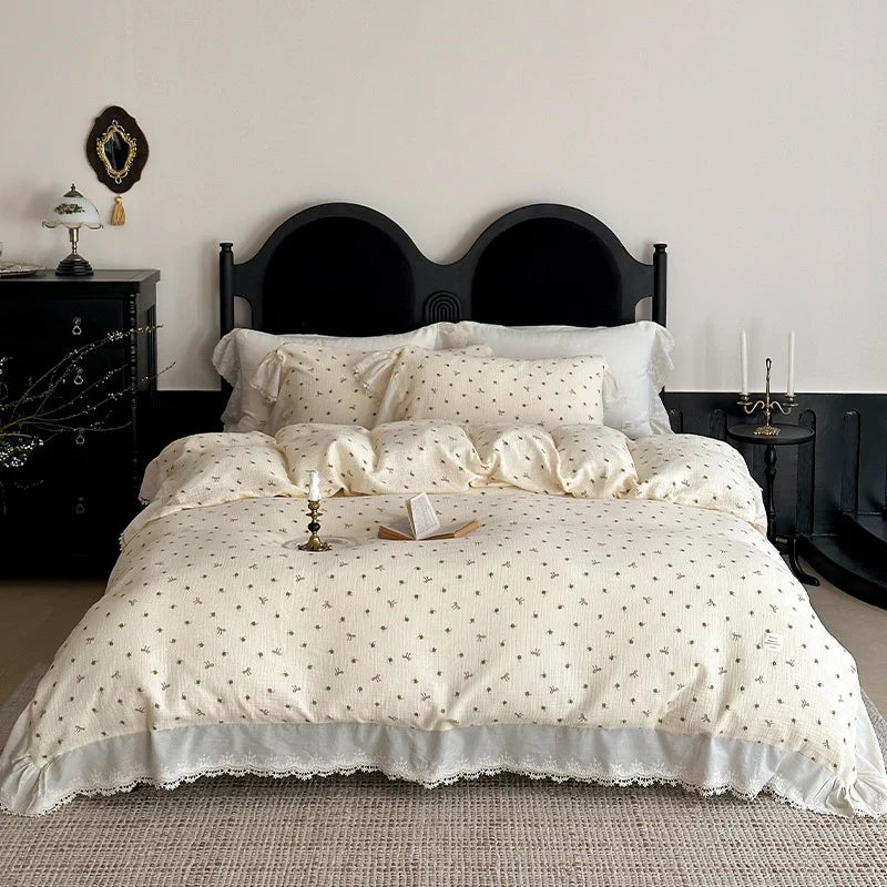 Bedding Set Breathable Cotton Muslin Bow Print Ruffle Trim