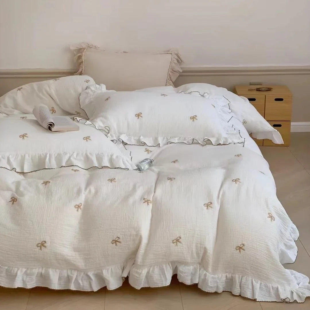 Bedding Set Breathable Cotton Muslin Bow & Ruffle Trim