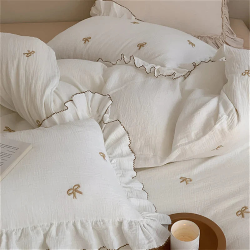 Bedding Set Breathable Cotton Muslin Bow & Ruffle Trim