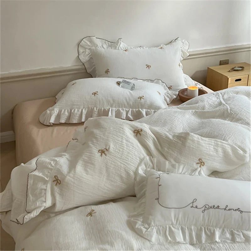 Bedding Set Breathable Cotton Muslin Bow & Ruffle Trim