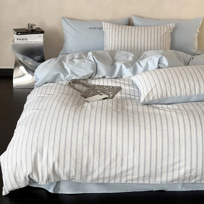 Bedding Set Breathable Cotton Muslin Reversible Fine Stripe Four Piece