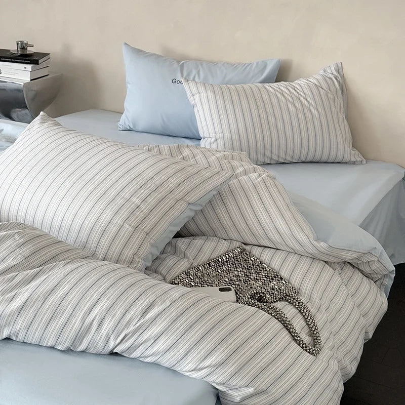 Bedding Set Breathable Cotton Muslin Reversible Fine Stripe Four Piece