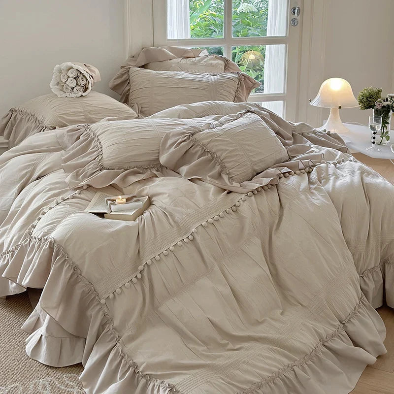 Bedding Set Breathable Cotton Percale Ruffled & Pompom Trim
