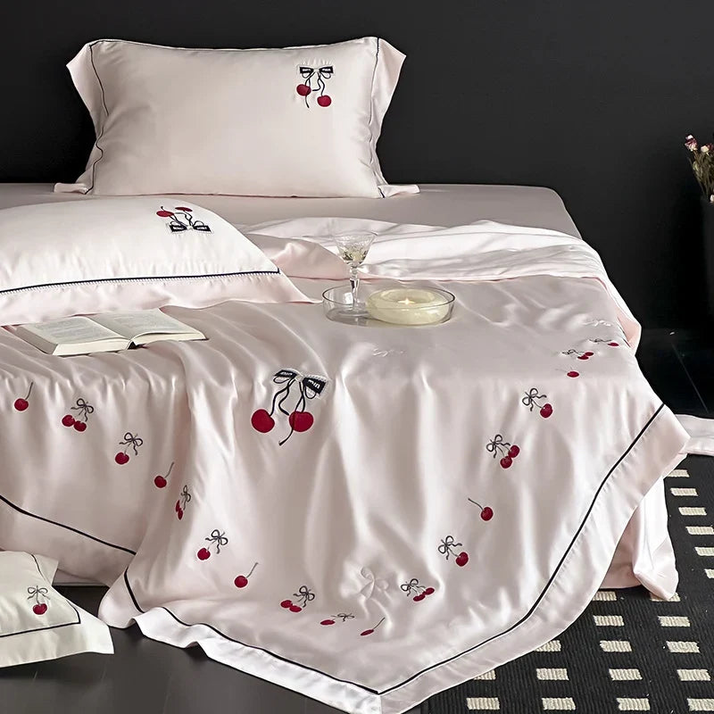 Bedding Set Breathable Cotton Satin Cherry Embroidery