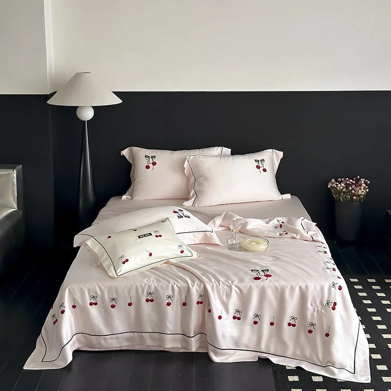 Bedding Set Breathable Cotton Satin Cherry Embroidery
