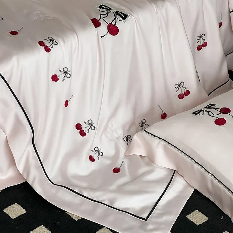 Bedding Set Breathable Cotton Satin Cherry Embroidery
