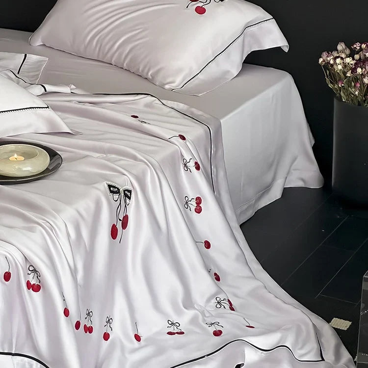 Bedding Set Breathable Cotton Satin Cherry Embroidery