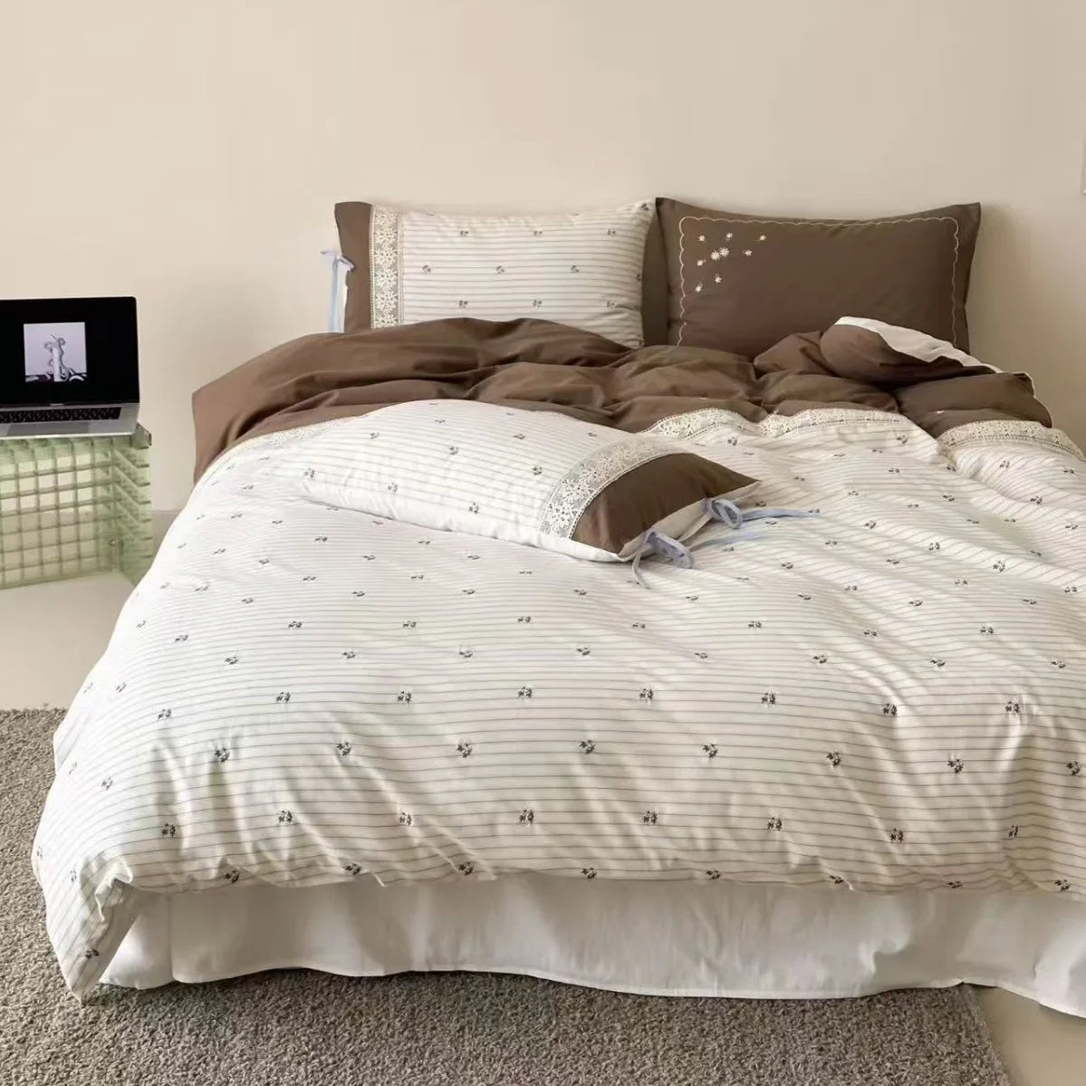Bedding Set Breathable Cotton Satin Embroidery & Lace Slip-Free