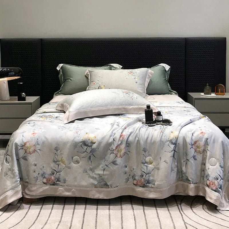 Bedding Set Breathable Cotton Satin Watercolor Floral & Ruffle Trim