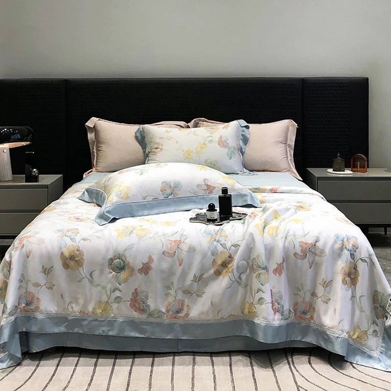 Bedding Set Breathable Cotton Satin Watercolor Floral & Ruffle Trim