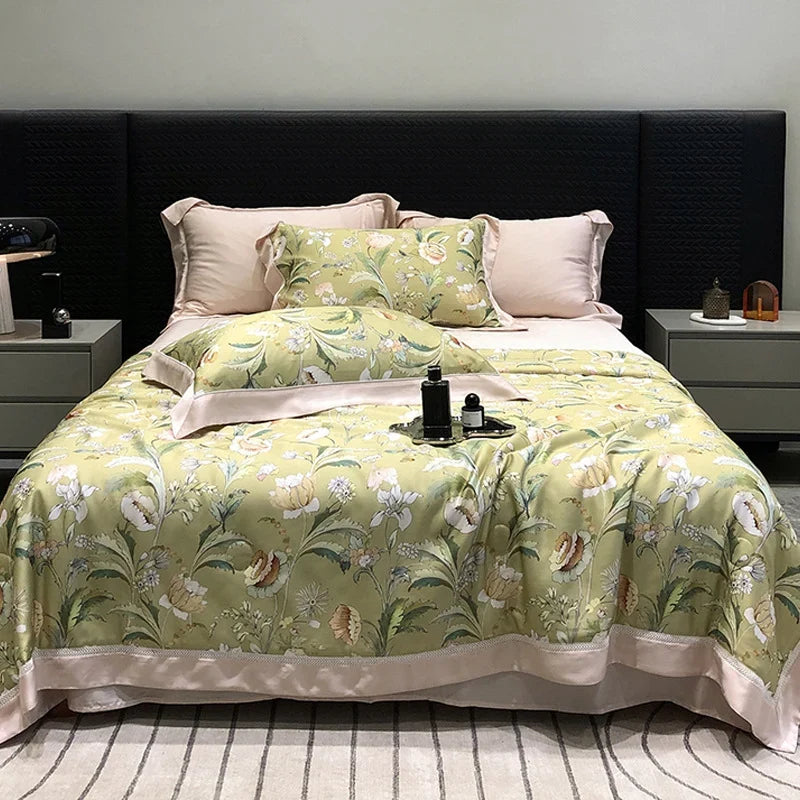 Bedding Set Breathable Cotton Satin Watercolor Floral & Ruffle Trim