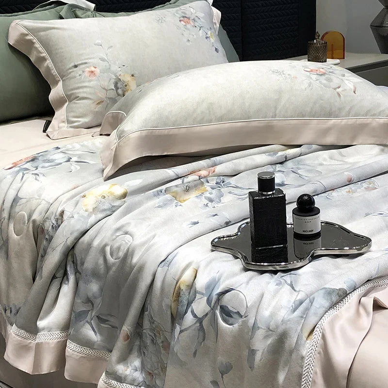 Bedding Set Breathable Cotton Satin Watercolor Floral & Ruffle Trim