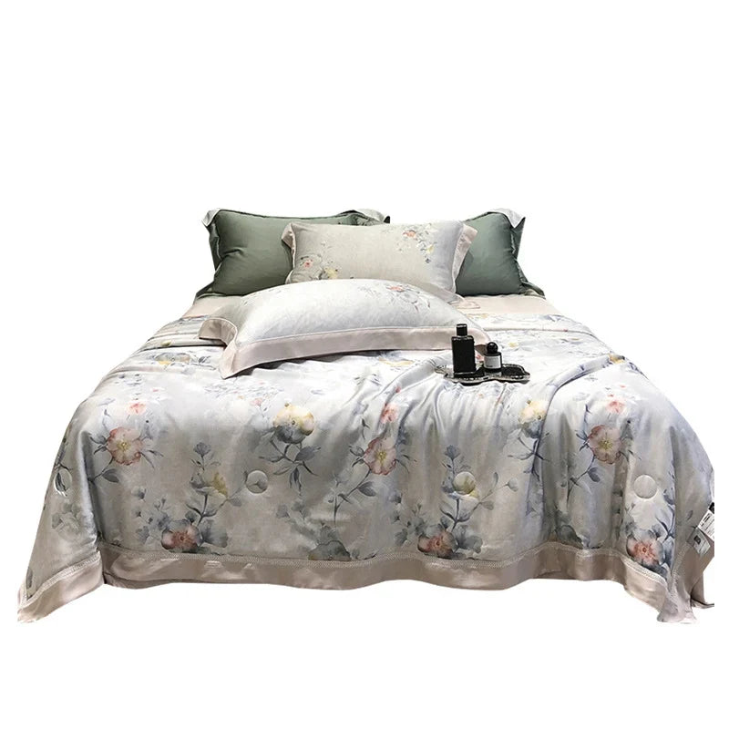 Bedding Set Breathable Cotton Satin Watercolor Floral & Ruffle Trim
