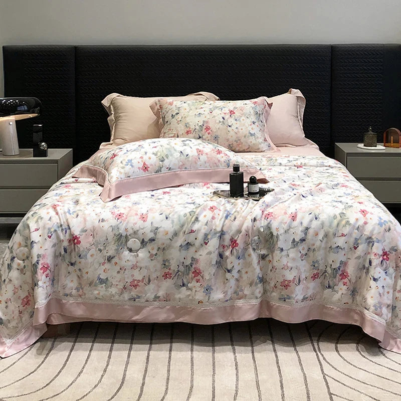 Bedding Set Breathable Cotton Satin Watercolor Floral & Ruffle Trim