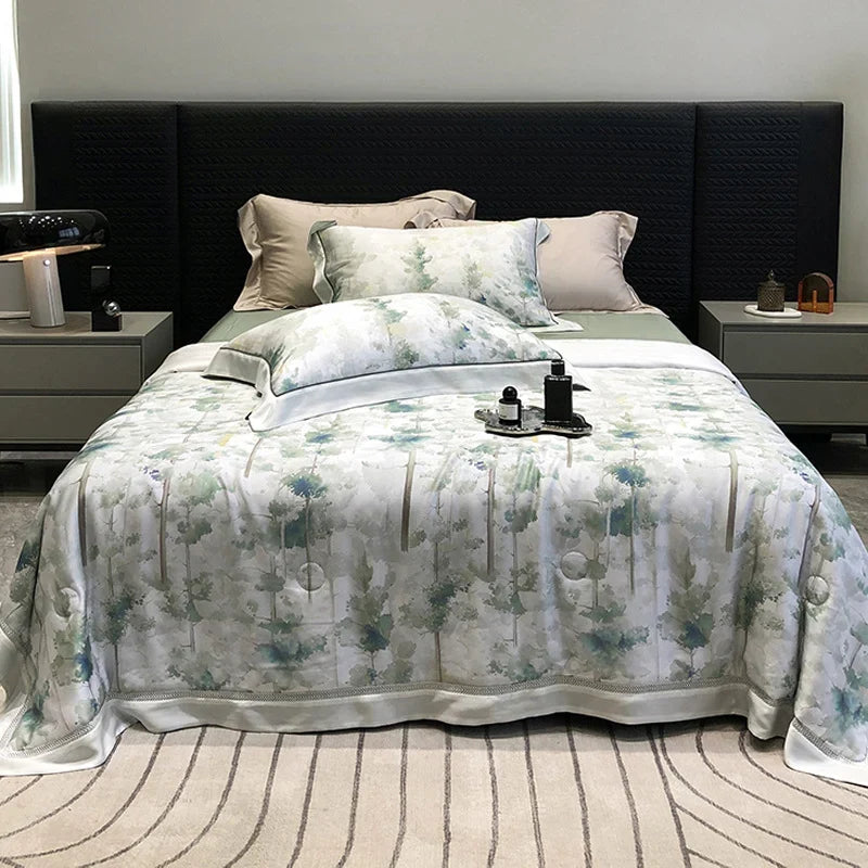 Bedding Set Breathable Cotton Satin Watercolor Floral & Ruffle Trim