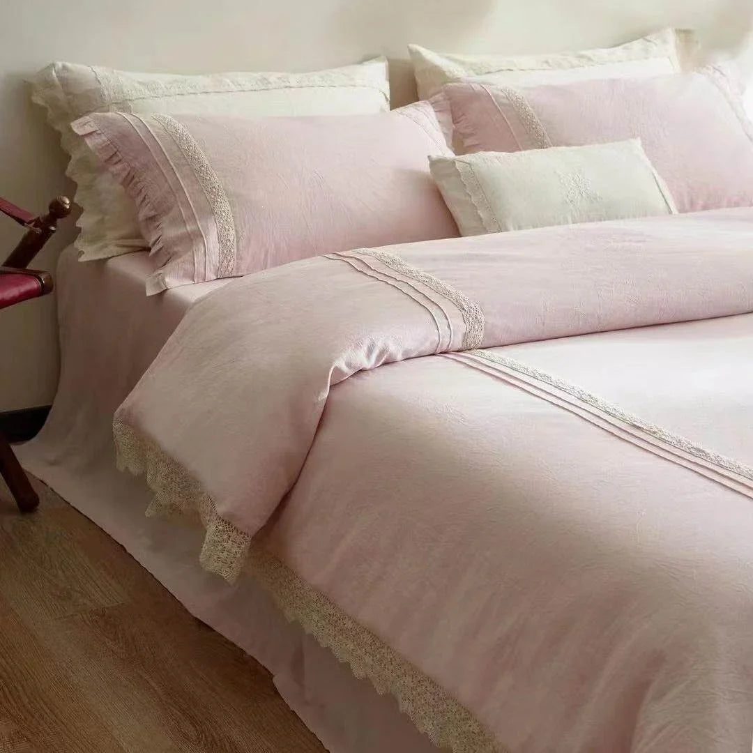 Bedding Set Breathable Linen-Look Crochet Lace Trim