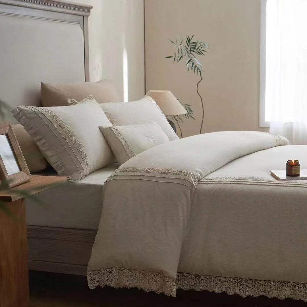 Bedding Set Breathable Linen-Look Crochet Lace Trim