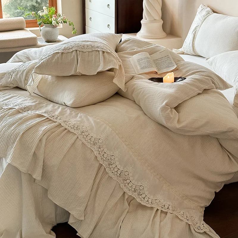 Bedding Set Breathable Washed Linen Blend Ruffle & Lace