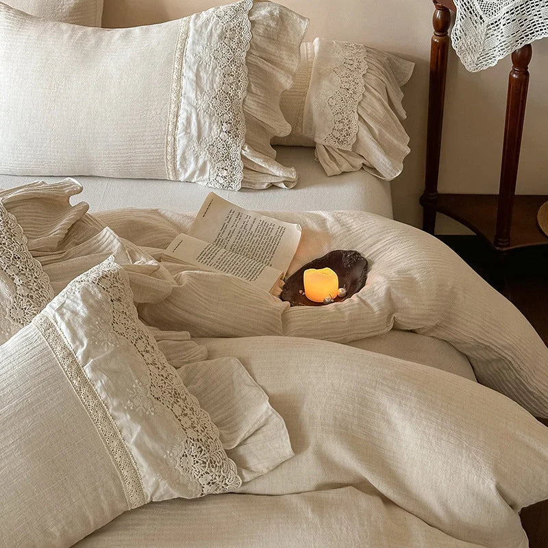 Bedding Set Breathable Washed Linen Blend Ruffle & Lace