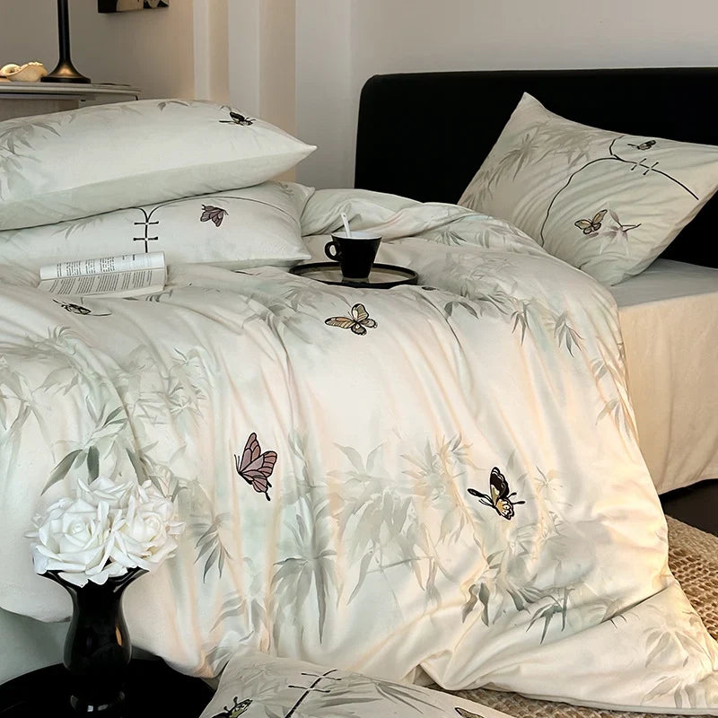 Bedding Set Breathable Woven Embroidered Butterfly Machine Washable
