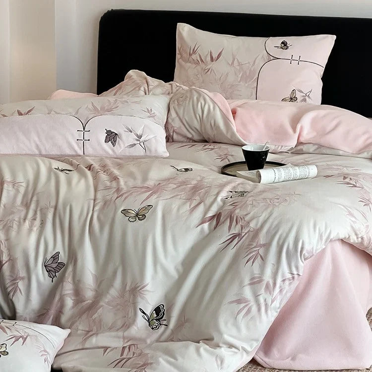 Bedding Set Breathable Woven Embroidered Butterfly Machine Washable
