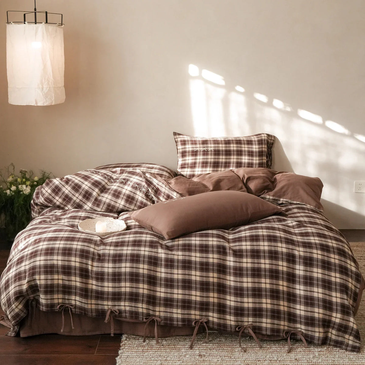 Bedding Set Checked Cotton Blend Ruffles & Embroidery