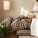 Bedding Set Checked Cotton Blend Ruffles & Embroidery