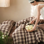 Bedding Set Checked Cotton Blend Ruffles & Embroidery