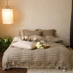 Bedding Set Checked Cotton Blend Ruffles & Embroidery