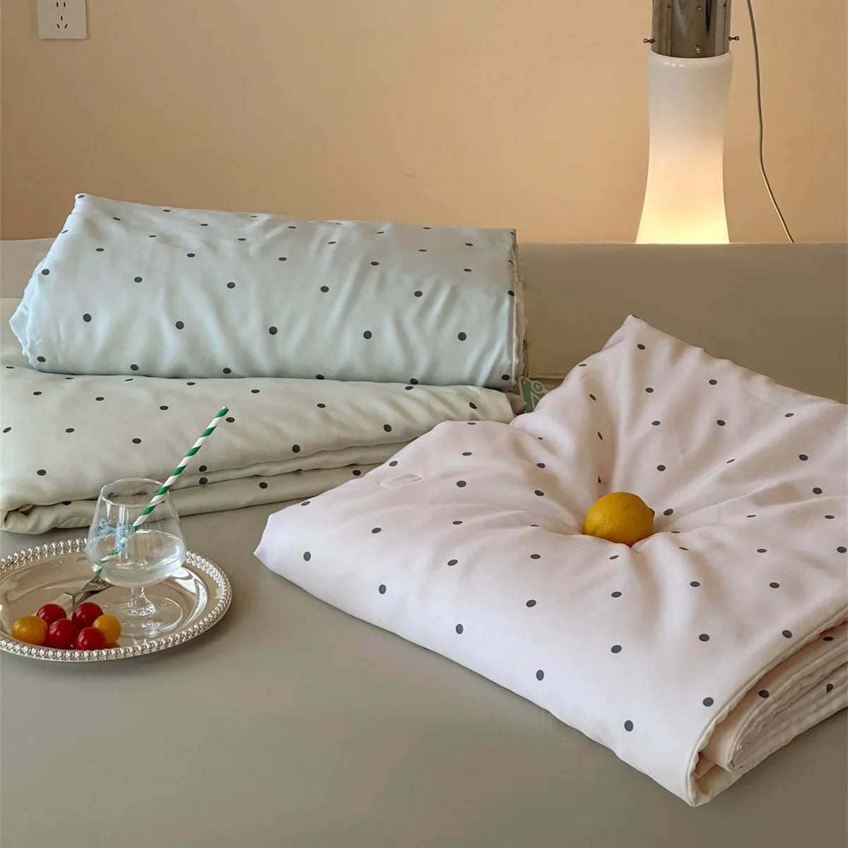 Bedding Set Cooling Satin Polka Dot & Pom-Pom Tassels