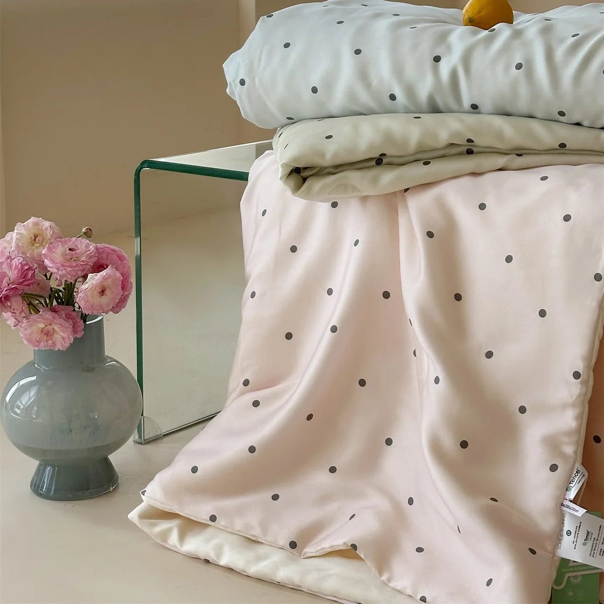 Bedding Set Cooling Satin Polka Dot & Pom-Pom Tassels