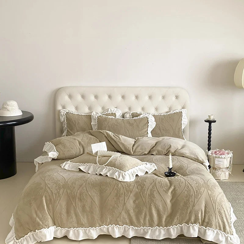 Bedding Set Cotton Blend Quilted Jacquard & Ruffle Trim