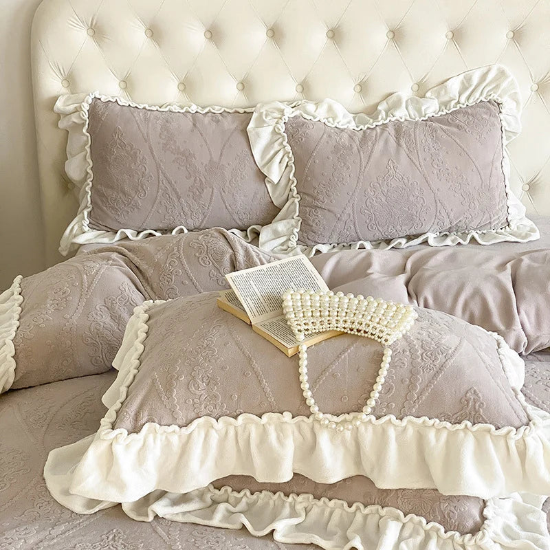 Bedding Set Cotton Blend Quilted Jacquard & Ruffle Trim
