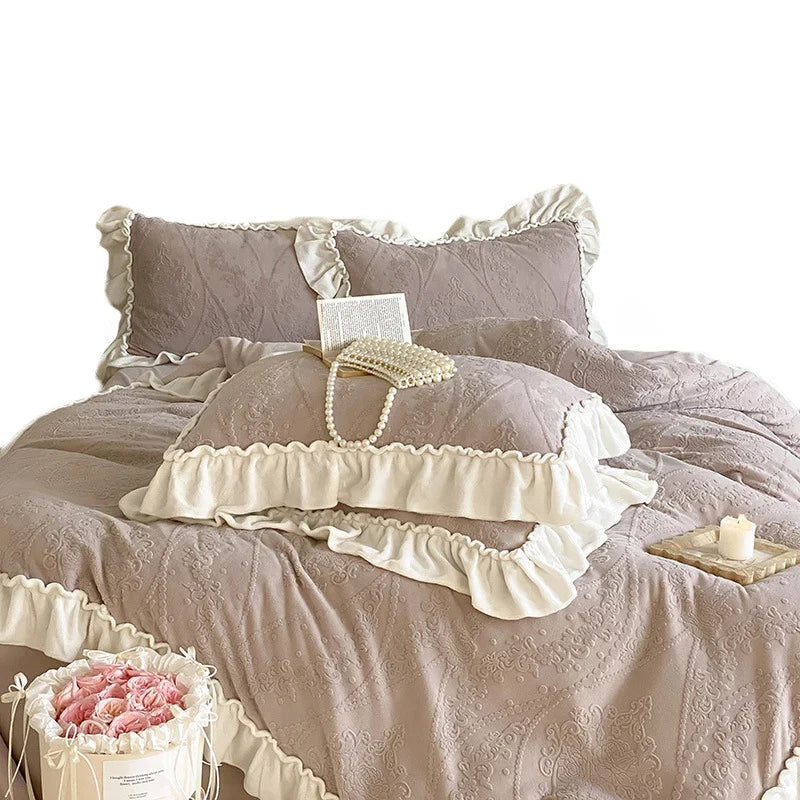 Bedding Set Cotton Blend Quilted Jacquard & Ruffle Trim