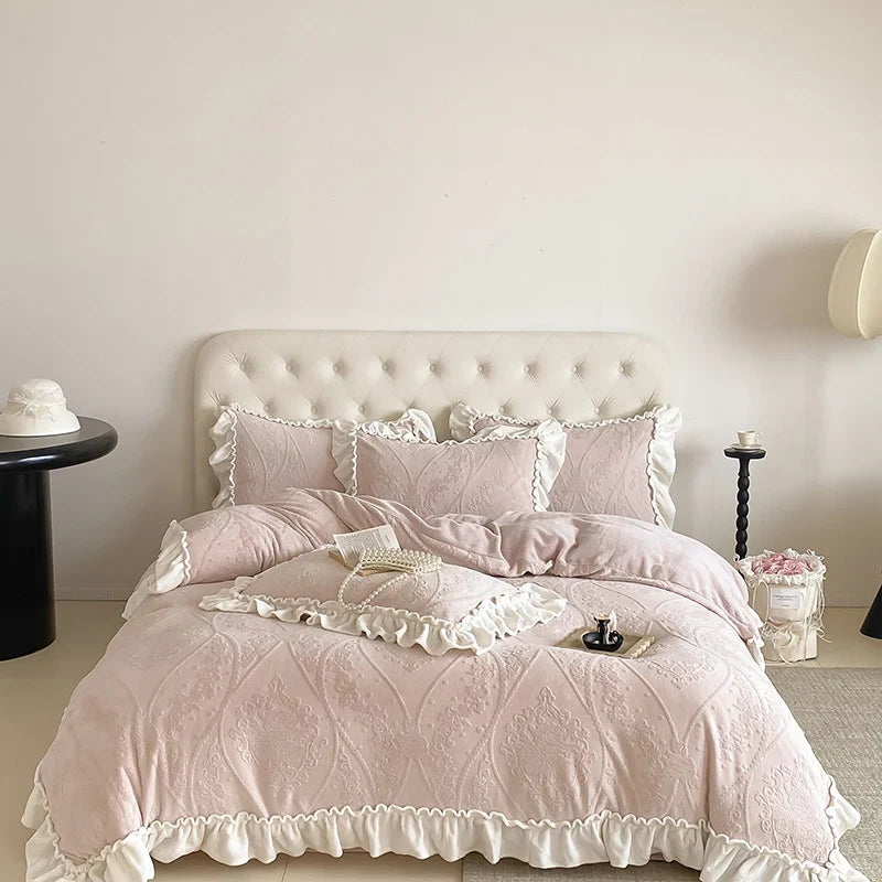 Bedding Set Cotton Blend Quilted Jacquard & Ruffle Trim