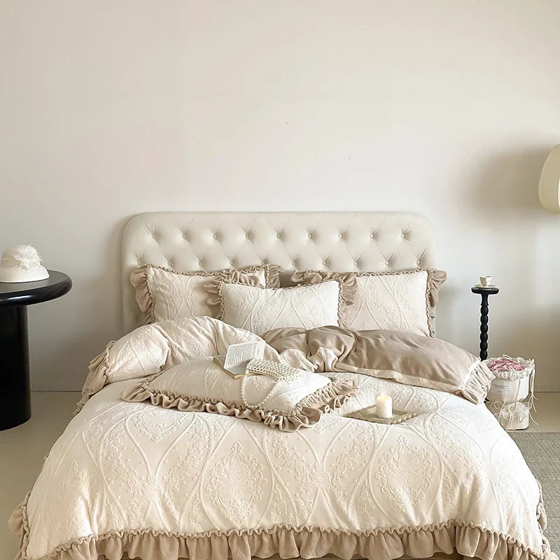 Bedding Set Cotton Blend Quilted Jacquard & Ruffle Trim