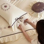 Bedding Set Cotton Blend Teddy Bear Embroidery Ruffled Trim