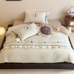 Bedding Set Cotton Blend Teddy Bear Embroidery Ruffled Trim