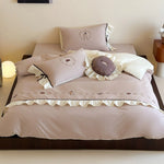 Bedding Set Cotton Blend Teddy Bear Embroidery Ruffled Trim