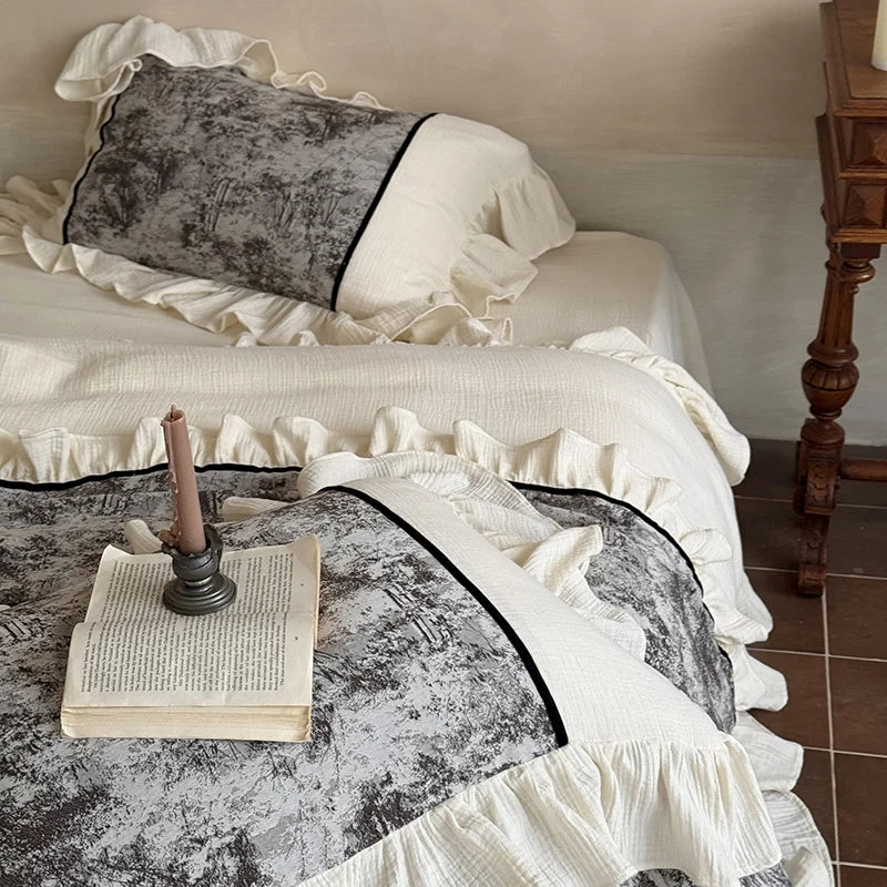 Bedding Set Cotton Gauze Breathable Velvet Ruffle & Contrast Piping