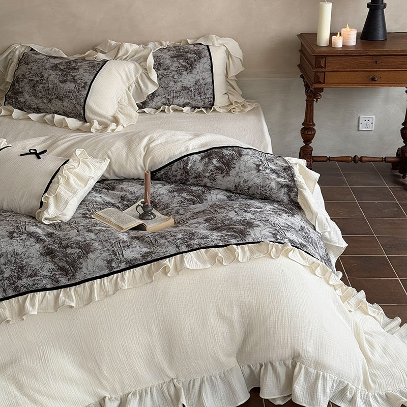 Bedding Set Cotton Gauze Breathable Velvet Ruffle & Contrast Piping